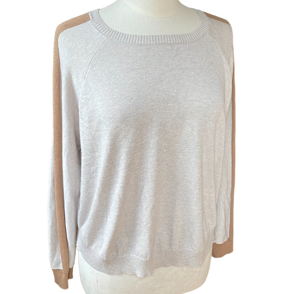 OVLA Contrast Stripe Cuff Sweater Oatmeal Minimalist Neutral Coastal Grandma-L